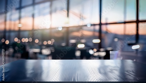 Abstract Blurred Background And Empty Steel Tabletop In Foreground Business Presentation