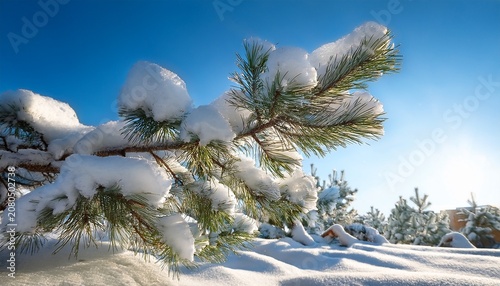 Pine Branch Covered With Thick Snow Against The Blue Sky On A Bright Sunny Day