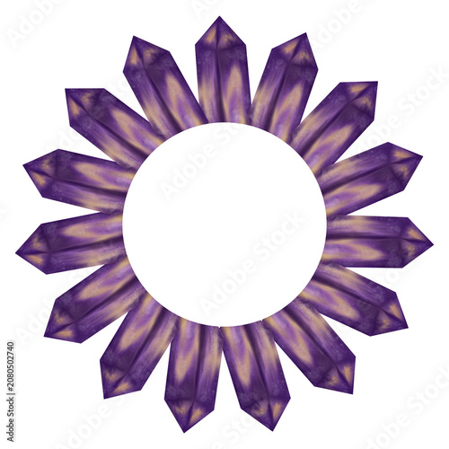 Elegant crystal wreath with purple amethyst gemstones forming a round frame. Decorative border with copy space for invitations, branding, posters, social media, and creative designs