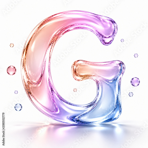 Luxury transparent liquid glass letter G alphabet, pastel gradient crystal 3D typography, glossy abstract font, modern minimal design isolated on white background