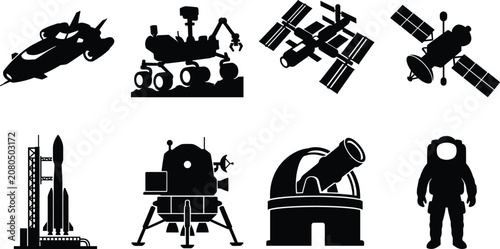 Cuadro en lienzo Set of space exploration and astronomy black silhouette icons featuring spaceshi