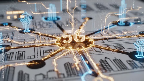 5G network technology rising from a smart city diagram. Digital connectivity and urban infrastructure planning concept. High-speed telecommunication visualization