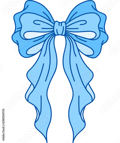 Hand drawn classic blue ribbon bow knot illustration, cute coquette pastel blue bow clipart PNG