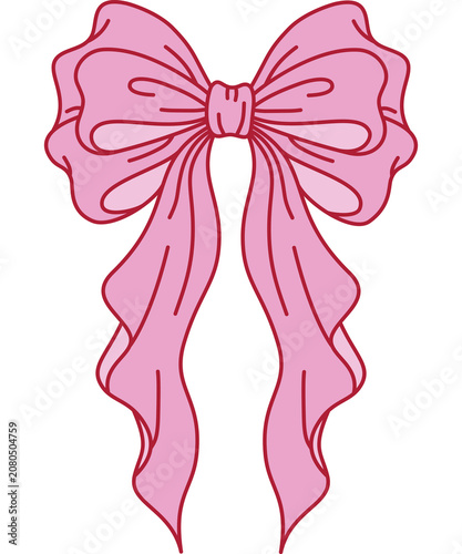 Hand drawn classic pink ribbon bow knot sketch, clean outline coquette style bow PNG illustration