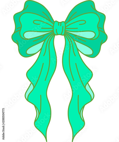 Hand drawn vibrant green ribbon bow knot illustration, cute colorful coquette bow clipart PNG