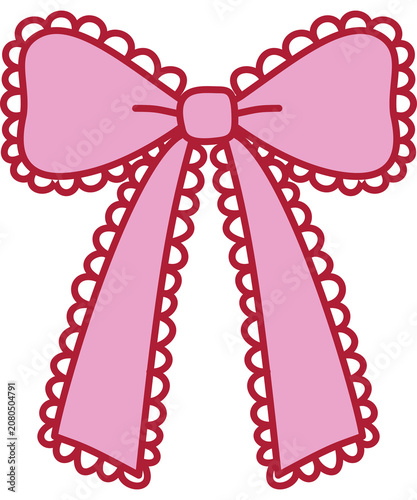 Hand drawn pink ribbon bow with lace edges illustration, cute coquette bow PNG isolated on transparent background