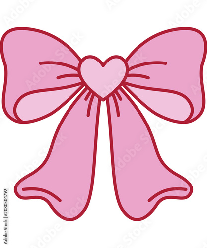 Hand drawn cute pink ribbon bow with heart center, coquette style valentine bow PNG illustration