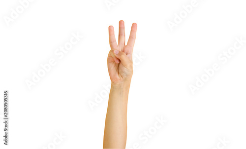 Canvastavla Child hand showing three fingers gesture isolated on transparent background