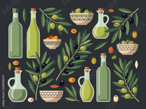 Quadro su tela Mediterranean Olive Oil and Olive Branches Vector Illustration