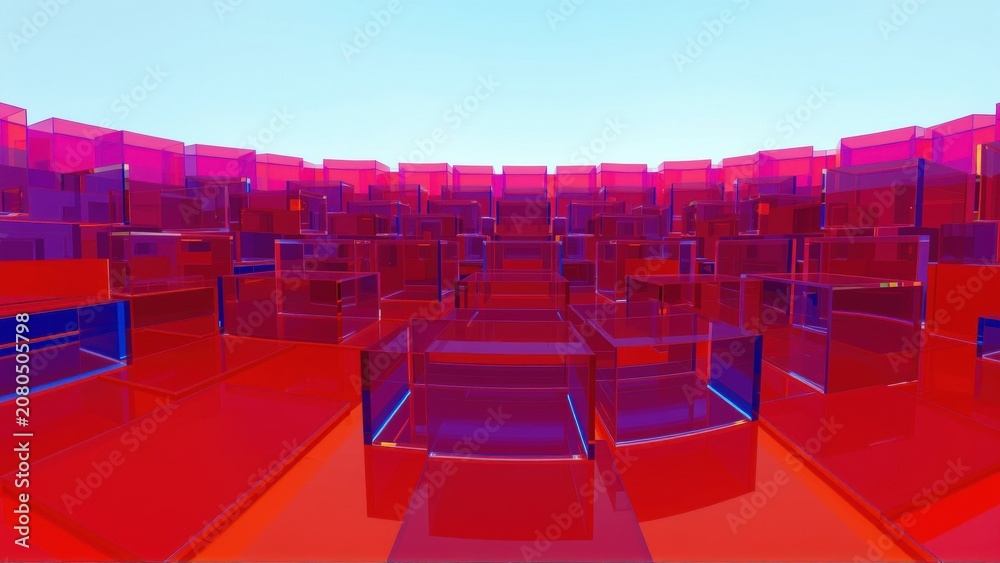 Obraz premium Abstract cubic landscape. Red, blue hues dominate. Reflections create depth, symmetry. Minimalist digital art composition.