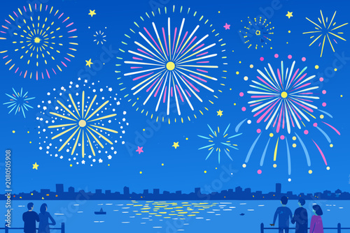 Fireworks Display Over City Skyline Colorful Vector Illustration