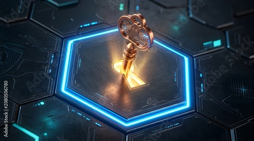 Cyber security key unlocking digital data on futuristic interface