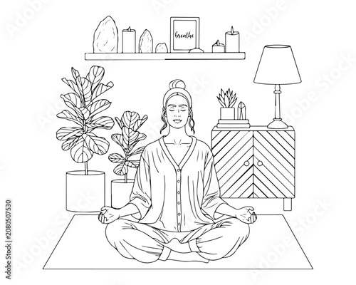 Woman Meditating Line Art Illustration for Wellness Design