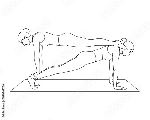 Partner Yoga Plank Pose Line Art Vector Illustration