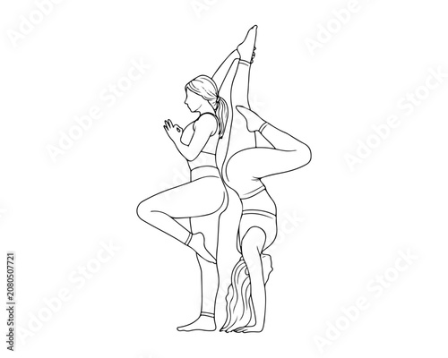 Yoga Partners Outline Illustration of Two Women Exercising