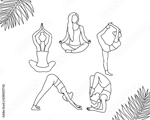 Yoga Poses Line Art Illustration Set with Tropical Leaves