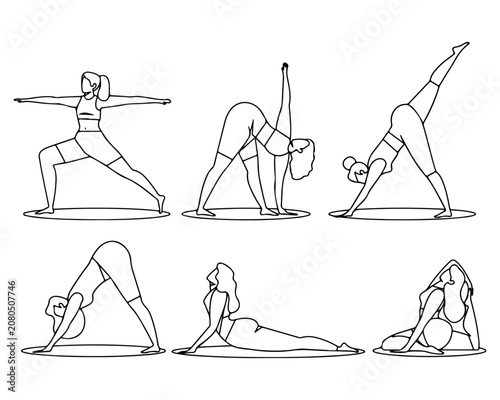 Yoga Poses Set Minimalist Line Art Vector Illustration