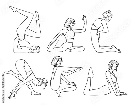 Yoga Poses Set Line Art Illustration of Women Exercising