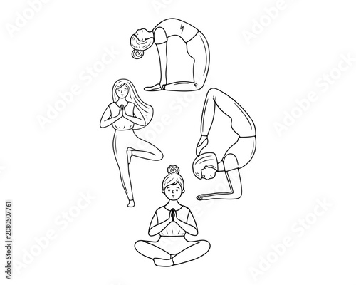 Yoga poses line art illustration set of women practicing