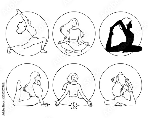 Yoga Poses Line Art Illustration Set with Women in Circles
