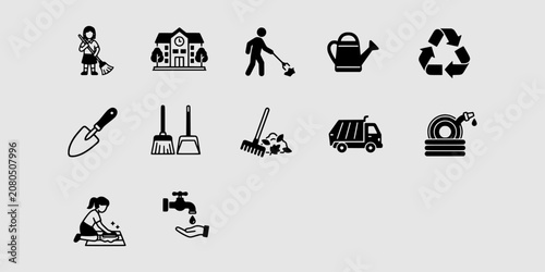 Photos Icon set collection of school cleaning service, facility maintenance, water management, waste collection, and janitorial equipment for professional use