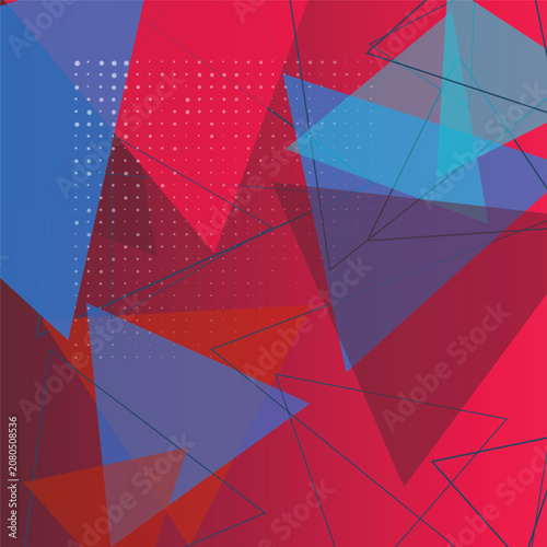 Geometric shapes and lines in red blue and purple colors forming an abstract composition with various triangles and dots  no people or objects