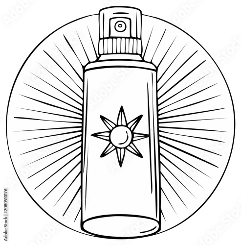 Sunscreen spray bottle illustration with a radiating sun design in a circular frame.