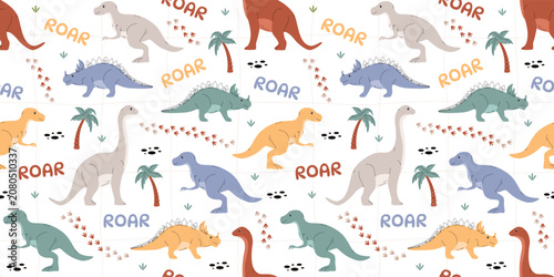 Seamless pattern with dinosaurs and palm trees. Vector illustration