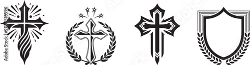 Gothic Christian cross and heraldic shield vector set, black and white religious emblems with laurel wreaths, medieval knight crest icons