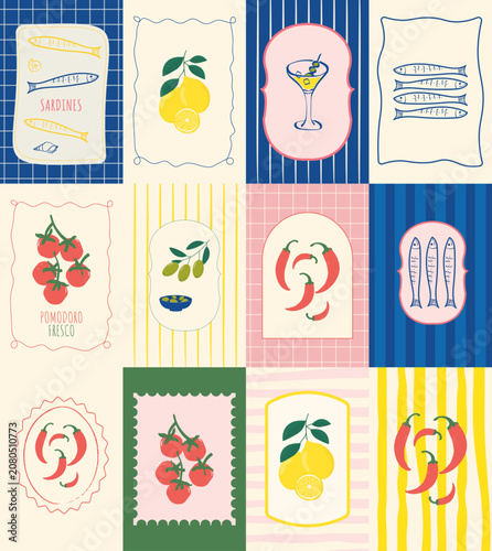 Mediterranean food poster collection with tomatoes lemons and chili peppers flat vector illustration set 