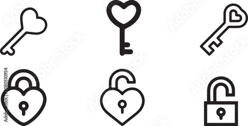 Heart key and padlock icon set, romantic security line art vectors, 6 black outline love symbols for wedding and valentines day design