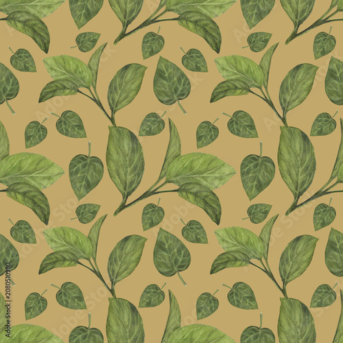 Watercolor Botanical Leaf Seamless Pattern on Warm Beige Background for Surface Design