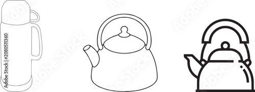 Minimalist kitchenware line icons, set of 3 vector illustrations featuring a thermos flask and tea kettles, black and white outline kitchen equipment