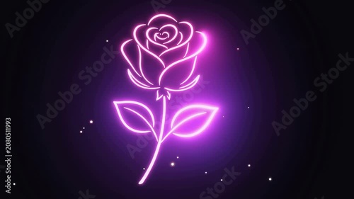 Neon glowing rose outline with luminous floral design on dark background for romantic celebration artwork
