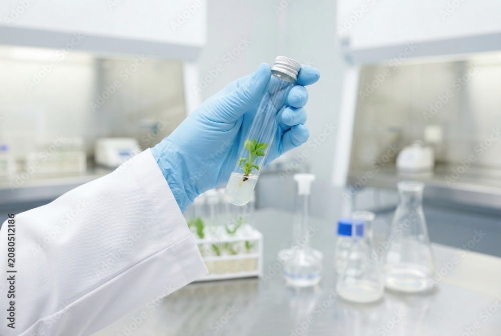 Fototapeta premium Scientist in blue lab gloves holding a test tube with a green plant seedling in a modern laboratory
