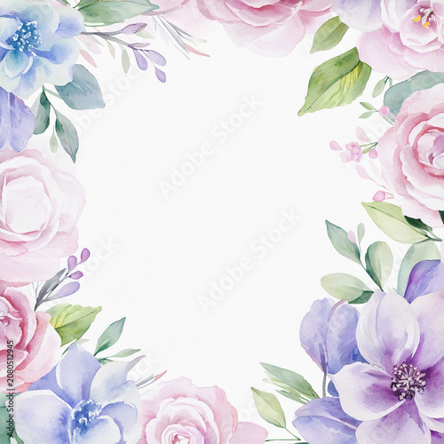Pastel watercolor floral frame with pink roses and purple flowers on a white background with copy space