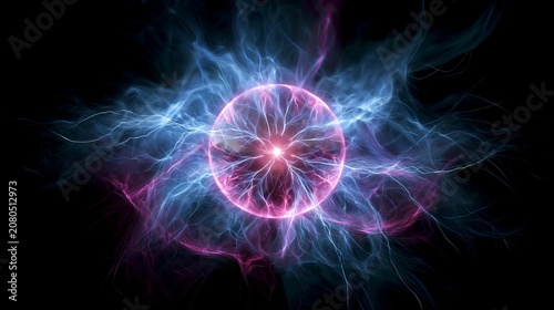 Radiant sphere of glowing pink and blue plasma energy emitting powerful electrical lightning bolts against a deep dark black background