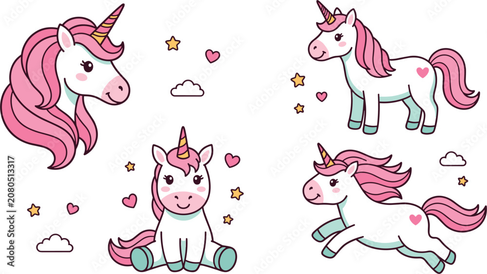 Obraz premium Cute Kawaii Unicorn Sticker Set with Magical Pink Mane Standing Sitting and Running Unicorns Stars and Hearts Vector Illustrations for Kids Graphic Designs