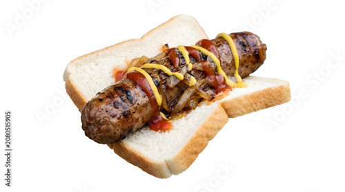 Classic New Zealand sausage sizzle with tomato sauce and onions in white bread on white background