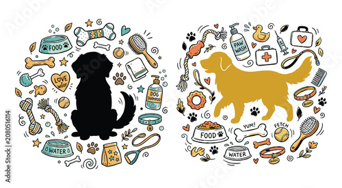 Dog silhouettes with pet supplies a colorful vector illustration canine