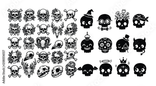 Skull collection black vector illustrations on a white background anatomy