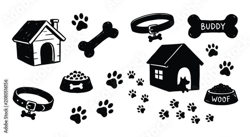 Dog house bone paw print and collar doodles on a white background