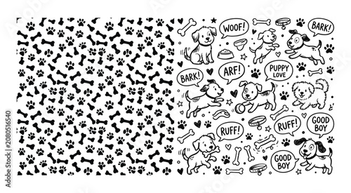 Dog paws bones and puppy illustrations in a black and white pattern