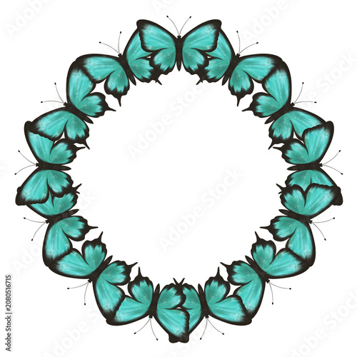 Round butterfly frame with vibrant turquoise butterflies arranged in an elegant wreath. Decorative border isolated on white, ideal for invitations, greeting cards, wedding designs and branding