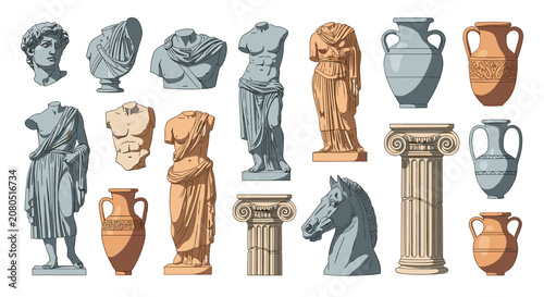 Group of ancient greek and roman architectural elements including statues, marble busts, columns, and ceramic vases.