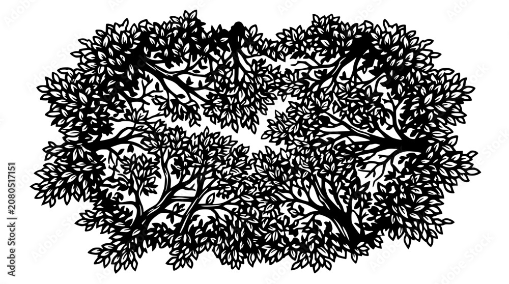 Fototapeta premium Symmetrical Black Tree Branches and Leaves Silhouette, Organic Nature Pattern