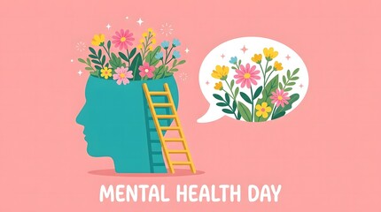 World mental health day awareness illustration with floral head and ladder symbolizing growth and support