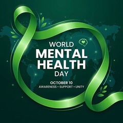World mental health day awareness green ribbon illustration with global map background