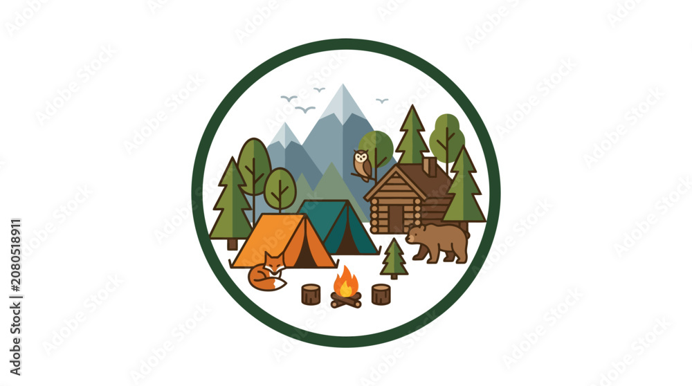Fototapeta premium Outdoor camping scene with cabin tent and wildlife animals.