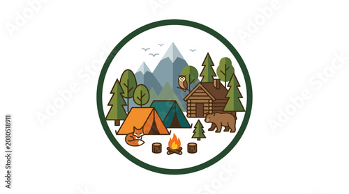 Outdoor camping scene with cabin tent and wildlife animals.